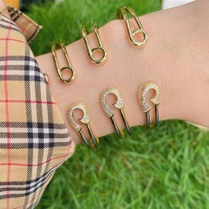 NEW - CZ Pave Crystal Safety Pin Open Cuff Bangle Bracelet